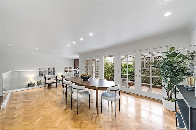 dining area with recessed lighting, visible vents, ornamental molding, and french doors