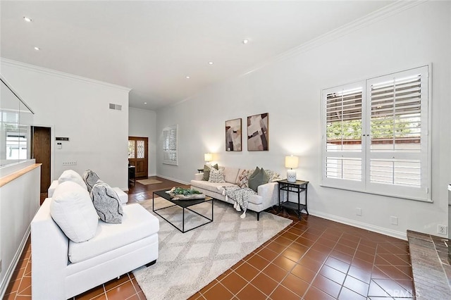tiled living room featuring recessed lighting, visible vents, crown molding, and baseboards