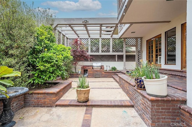 view of patio with grilling area, a pergola, and area for grilling