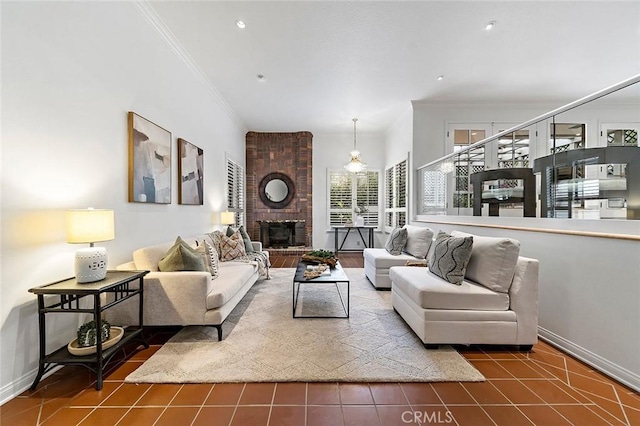 living room featuring recessed lighting, tile patterned flooring, ornamental molding, baseboards, and a fireplace