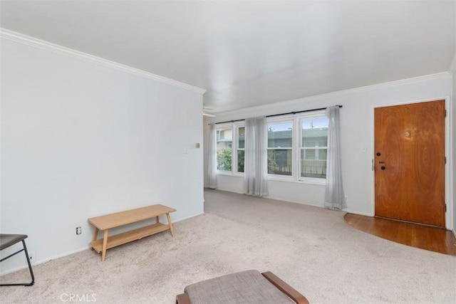 carpeted entryway with baseboards and ornamental molding