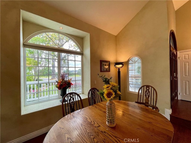 dining room featuring high vaulted ceiling, a wealth of natural light, and baseboards