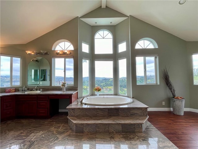 21062 Quail Run Dr, Diamond Bar, CA 91789 - full bath featuring vanity, a garden tub, and high vaulted ceiling
