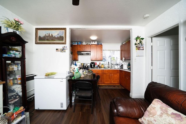 kitchen featuring light countertops, under cabinet range hood, brown cabinetry, and dark wood-style flooring