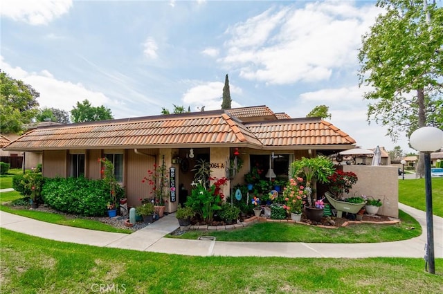 view of front facade featuring a tile roof and a front lawn