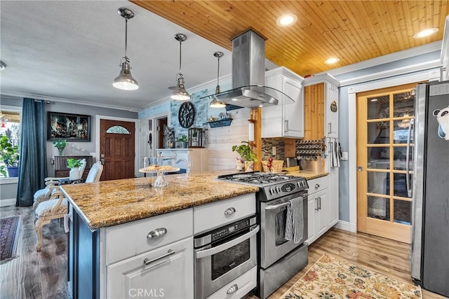 kitchen with a peninsula, ornamental molding, exhaust hood, and appliances with stainless steel finishes