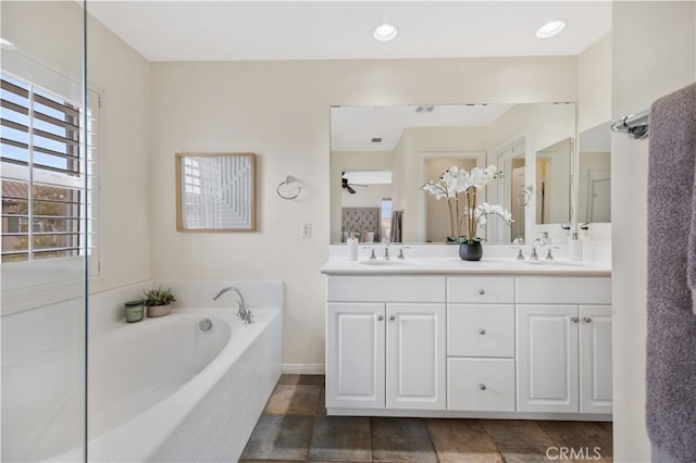 372 W Linden Dr, Orange, CA 92865 - bathroom with a bath, double vanity, and a ceiling fan
