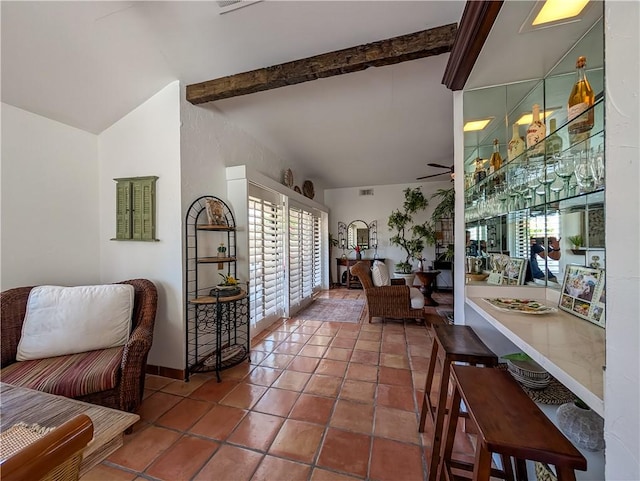 48143 Calle Seranas Ln, Quinta, CA 92253 - interior space with lofted ceiling with beams and visible vents
