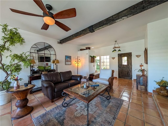 48143 Calle Seranas Ln, Quinta, CA 92253 - tiled living room featuring ceiling fan, beam ceiling, and visible vents