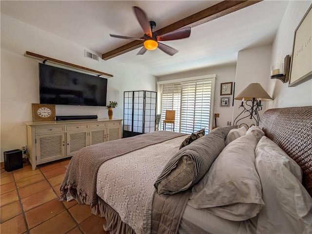 48143 Calle Seranas Ln, Quinta, CA 92253 - bedroom with ceiling fan, visible vents, beam ceiling, and light tile patterned floors