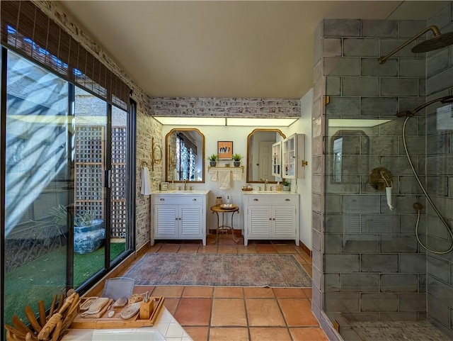 48143 Calle Seranas Ln, Quinta, CA 92253 - bathroom with tile patterned flooring, a sink, and a stall shower