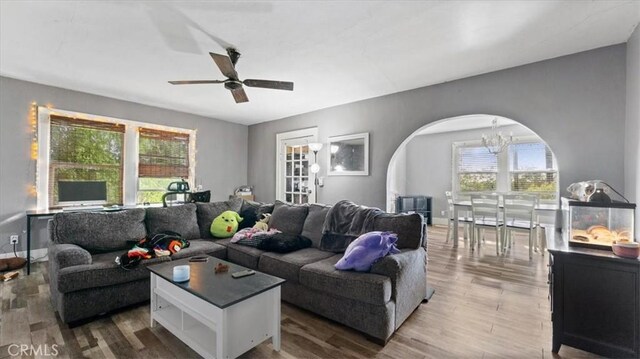 living area with baseboards, arched walkways, wood finished floors, and ceiling fan with notable chandelier
