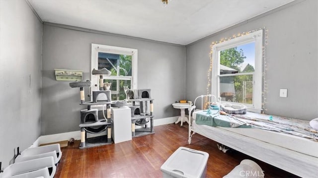 bedroom with wood finished floors, ornamental molding, baseboards, and multiple windows