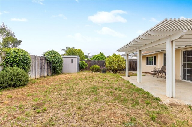 26481 Jamestown Dr, Menifee, CA 92586 - fenced backyard featuring a shed, a pergola, and a patio