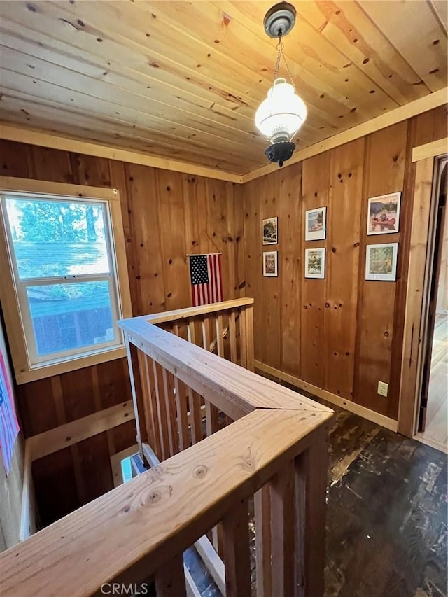 15 Toyon Trl, Berry Creek, CA 95916 - hallway featuring an upstairs landing, wooden ceiling, wooden walls, and dark wood-style flooring