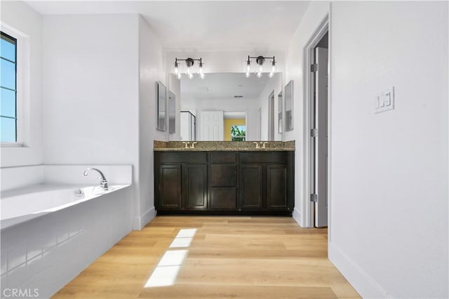 bathroom featuring double vanity, a healthy amount of sunlight, and wood finished floors