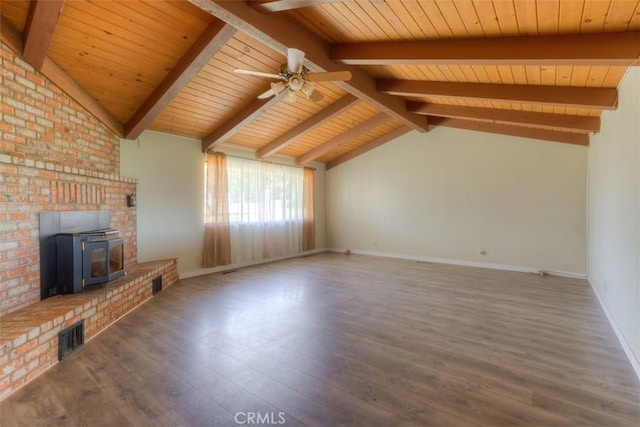 unfurnished living room with lofted ceiling with beams, a ceiling fan, wood finished floors, and wood ceiling