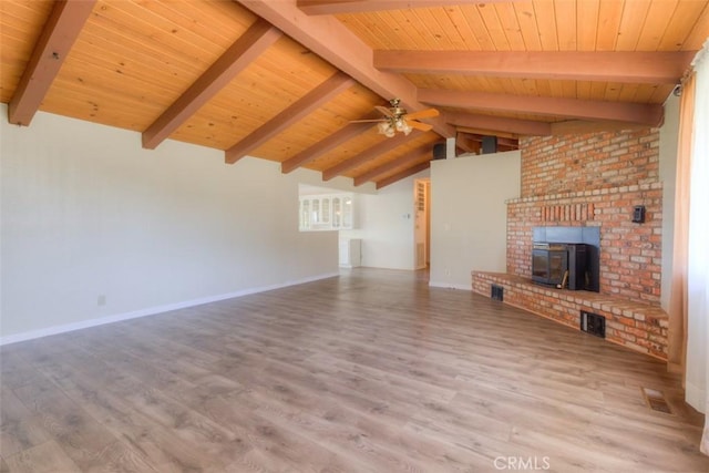 unfurnished living room with wood finished floors, vaulted ceiling with beams, wood ceiling, ceiling fan, and visible vents