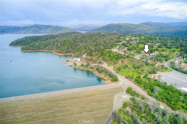 birds eye view of property featuring a view of trees and a water and mountain view