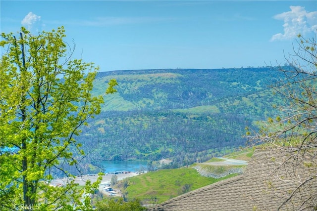 mountain view featuring a forest view and a water view
