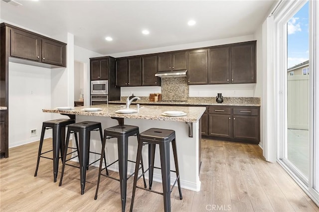 kitchen featuring light wood finished floors, appliances with stainless steel finishes, under cabinet range hood, and dark brown cabinetry