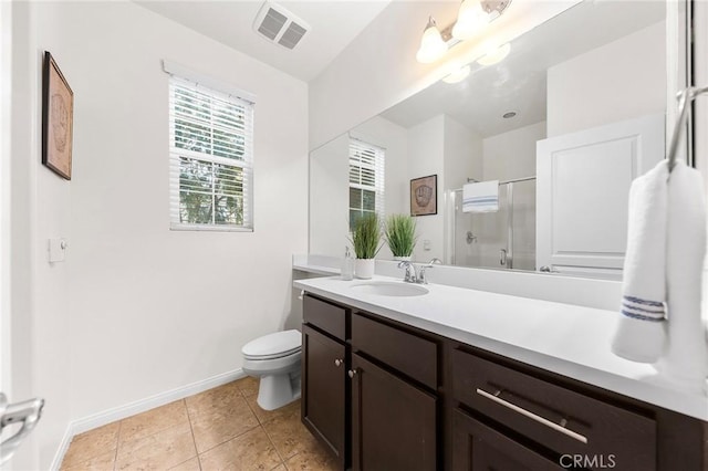 bathroom with visible vents, vanity, toilet, baseboards, and a stall shower