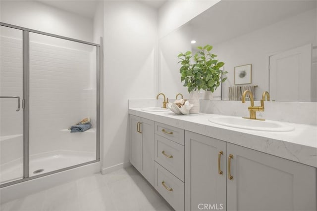 152 Balsawood, Tustin, CA 92780 - full bathroom with tile patterned flooring, a sink, double vanity, and a stall shower