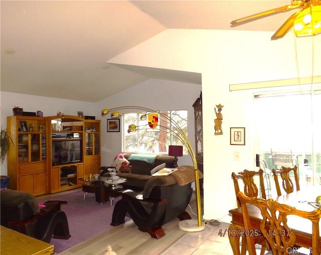 848 Oakmont, Lake Arrowhead, CA 92352 - living area featuring lofted ceiling, a ceiling fan, and healthy amount of natural light