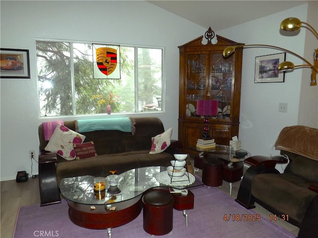 848 Oakmont, Lake Arrowhead, CA 92352 - living room with plenty of natural light, lofted ceiling, and wood finished floors