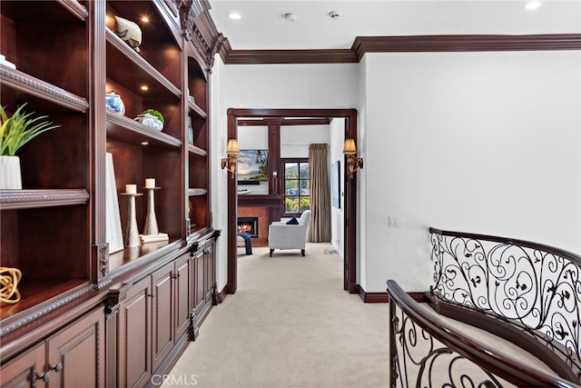 6 Riverstone, Laguna Niguel, CA 92677 - hall featuring light carpet, decorative columns, recessed lighting, and crown molding