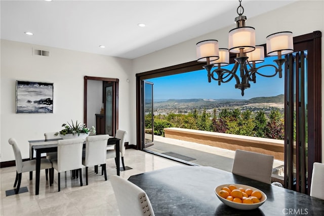 6 Riverstone, Laguna Niguel, CA 92677 - dining room featuring light tile patterned floors, baseboards, a notable chandelier, visible vents, and recessed lighting