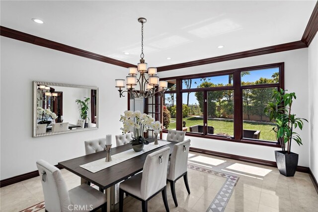 6 Riverstone, Laguna Niguel, CA 92677 - dining space with baseboards, recessed lighting, a notable chandelier, ornamental molding, and light tile patterned floors
