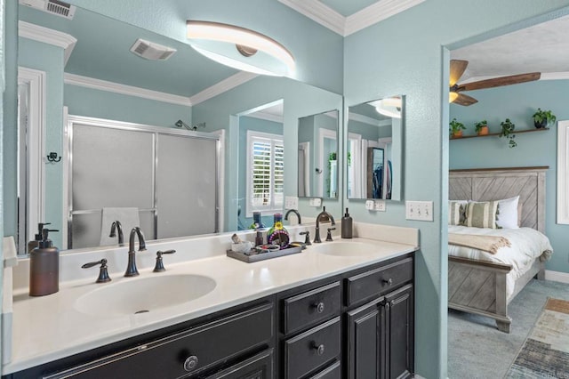 ensuite bathroom with a shower stall, ensuite bath, a ceiling fan, and a sink