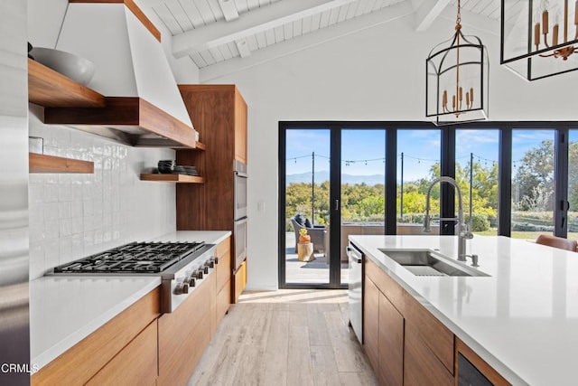 1270 Dove Meadow Rd, Solvang, CA 93463 - kitchen with open shelves, appliances with stainless steel finishes, french doors, modern cabinets, and light countertops