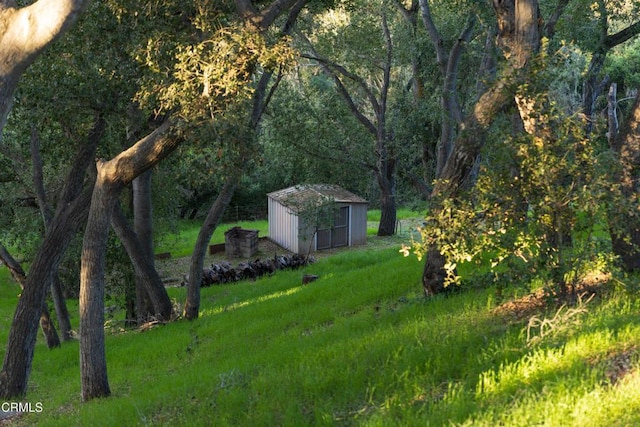 1270 Dove Meadow Rd, Solvang, CA 93463 - view of green lawn with a shed and a forest view