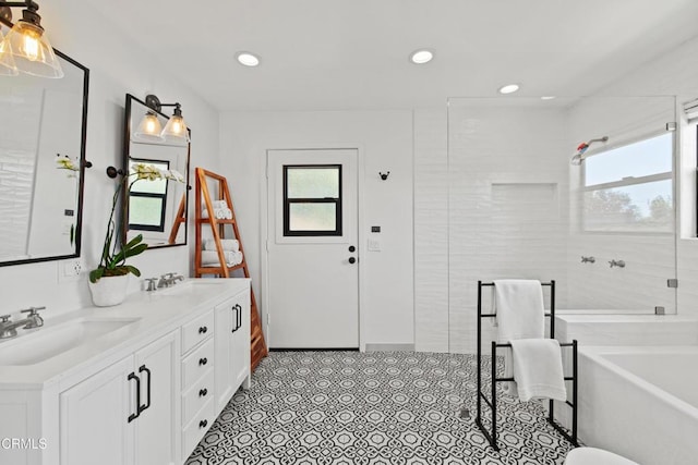 1270 Dove Meadow Rd, Solvang, CA 93463 - full bathroom featuring a soaking tub, double vanity, recessed lighting, and tiled shower