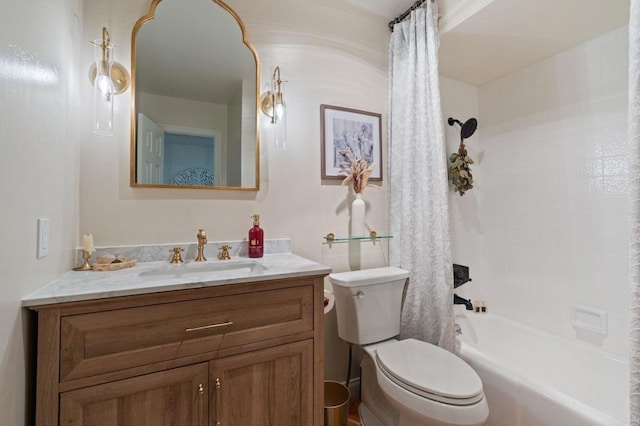 full bath with toilet, shower / bath combo with shower curtain, and vanity