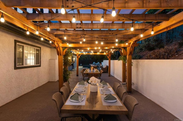 view of patio with outdoor lounge area, fence, outdoor dining space, and a pergola