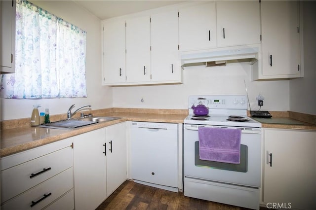 272 Rio Bravo Ct, Corning, CA 96021 - kitchen with a sink, white cabinetry, white appliances, under cabinet range hood, and dark wood-type flooring