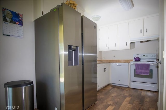 272 Rio Bravo Ct, Corning, CA 96021 - kitchen with white cabinets, dark wood-style flooring, under cabinet range hood, and white appliances