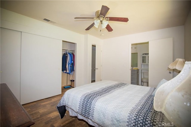 272 Rio Bravo Ct, Corning, CA 96021 - bedroom featuring visible vents, wood finished floors, a closet, ceiling fan, and ensuite bath