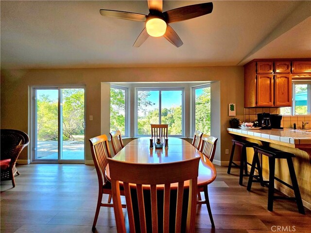 47180 Lookout Mountain Dr, Coarsegold, CA 93614 - dining space featuring baseboards, wood finished floors, and a ceiling fan