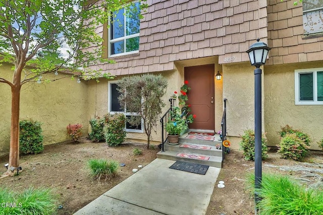 view of exterior entry featuring stucco siding