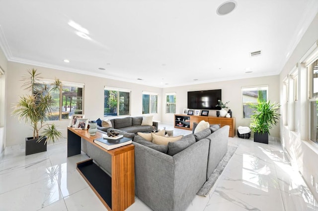 living area with marble finish floor, recessed lighting, visible vents, and plenty of natural light