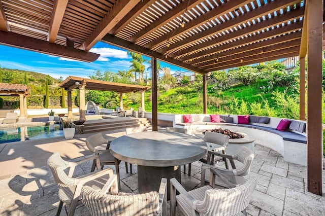 view of patio featuring a pergola, outdoor dining area, an outdoor living space with a fire pit, and an outdoor pool