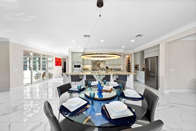 dining room featuring visible vents, recessed lighting, marble finish floor, and ornamental molding