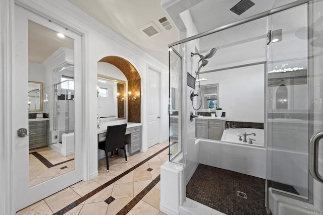full bath featuring a bath, visible vents, a shower stall, crown molding, and vanity