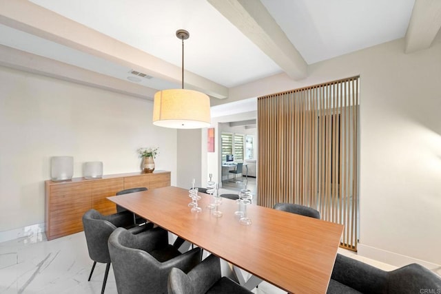 dining room featuring beamed ceiling, baseboards, marble finish floor, and visible vents
