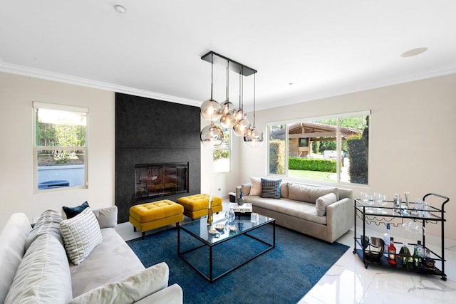 living area with ornamental molding and a fireplace
