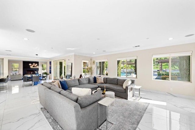 living room with marble finish floor, ornamental molding, visible vents, and recessed lighting